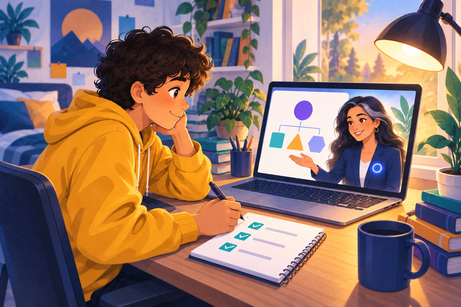 An AI teacher on a laptop screen helping a student work through a study plan