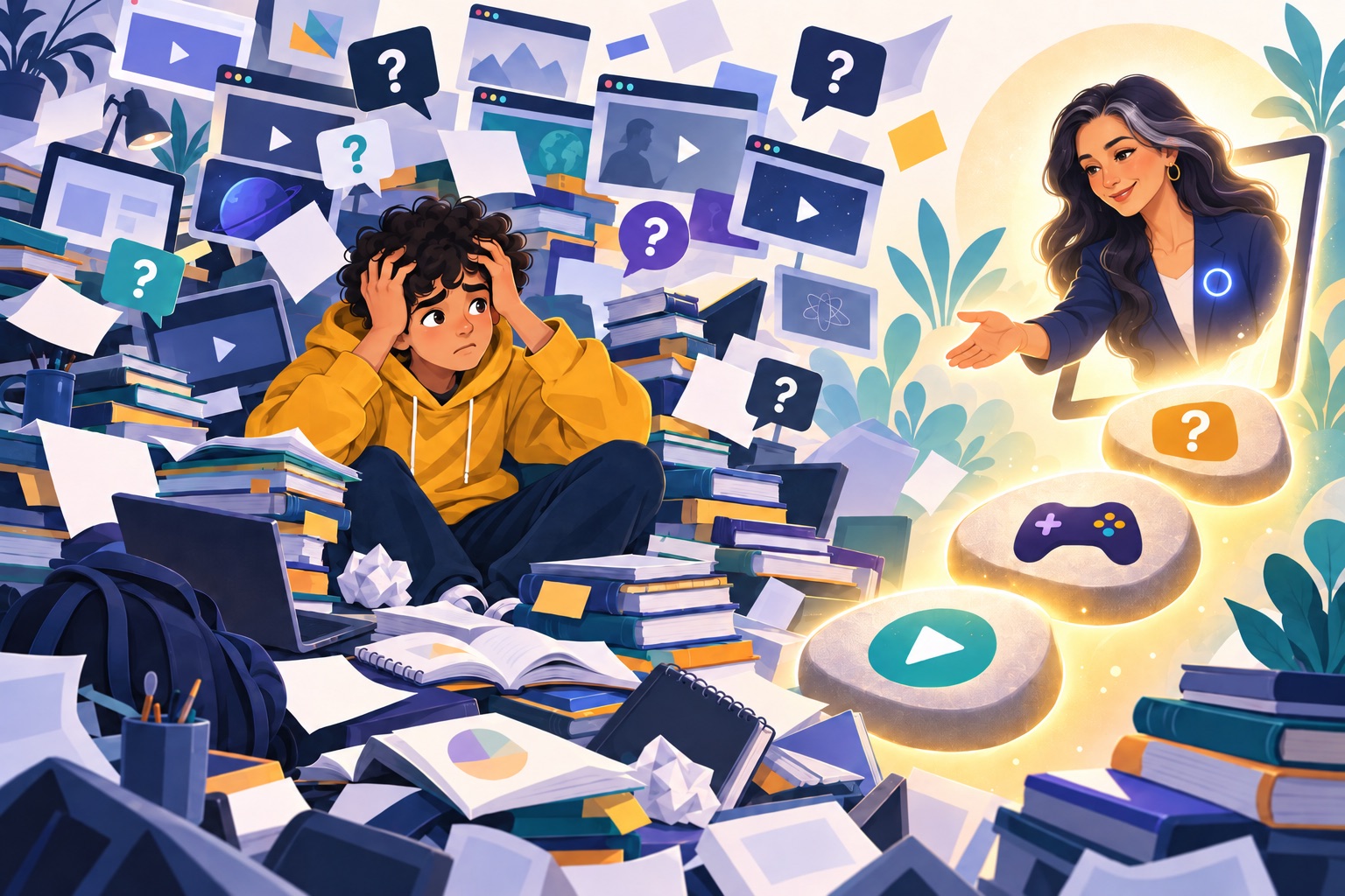 A student lost in a pile of books, videos and browser tabs, while an AI teacher offers a clear path out