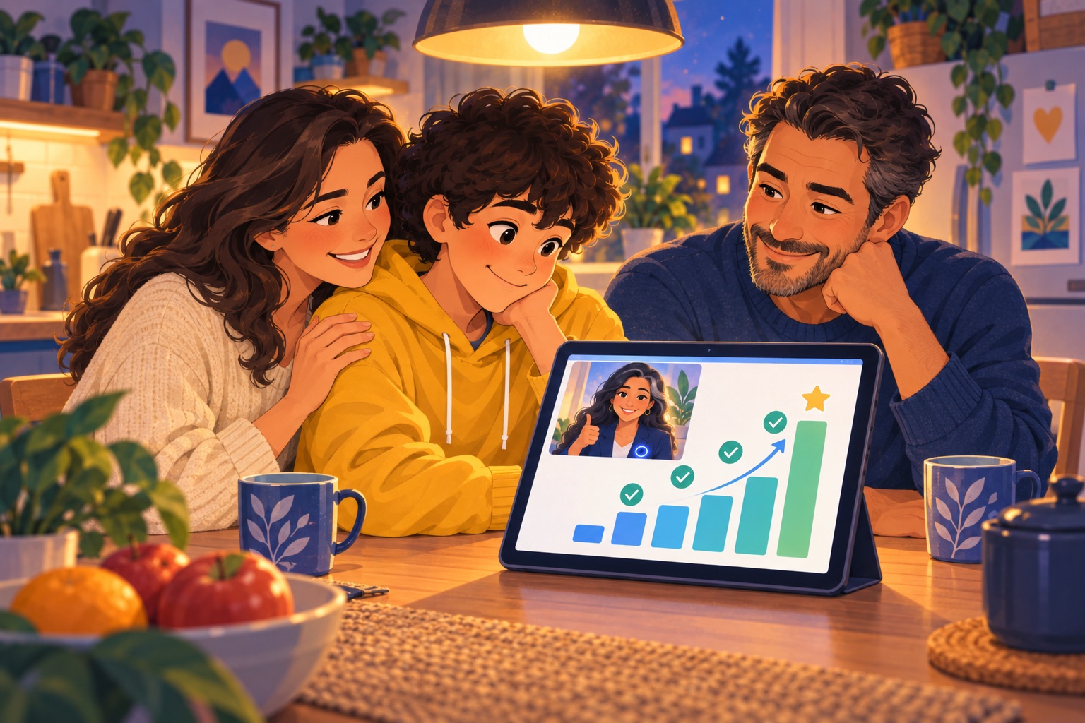 Parents smiling at their child's progress on a tablet at the kitchen table