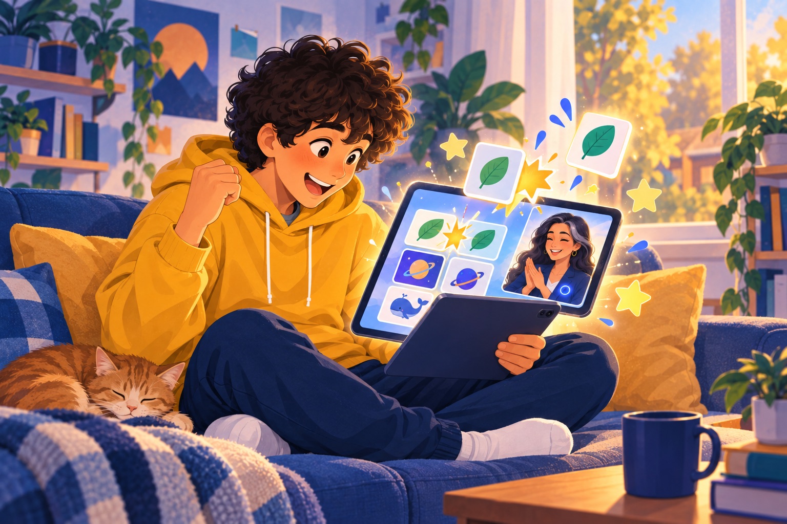 A student laughing while playing a learning game on a tablet
