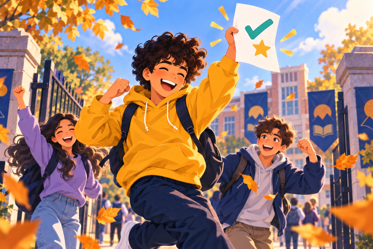A student celebrating a great result outside school