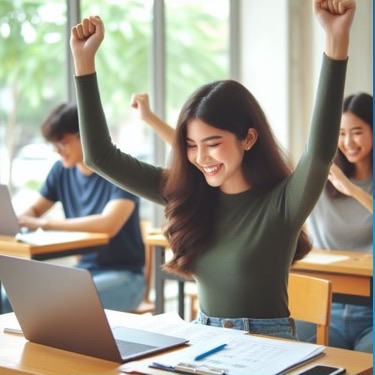 A student celebrating a result